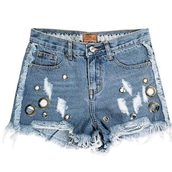 NWT POL Women's High Rise Destructed Frayed Hem Denim Shorts - Picture 6 of 9